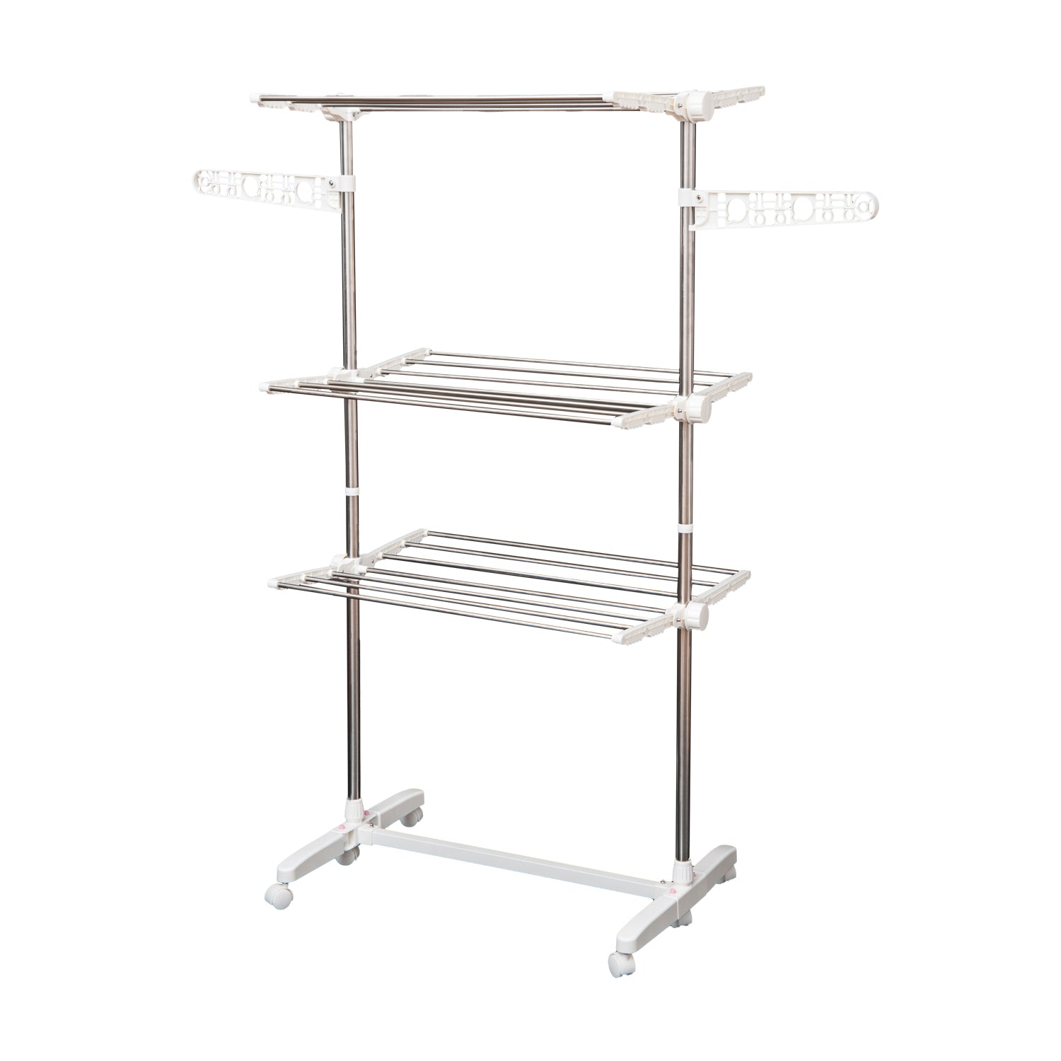 3-Tier Clothes Drying Rack, Stainless Steel Laundry Rack with 2 Side Wings and 6 Castors, Collapsible Adjustable Clothes Airer for Indoor Outdoor, White Bath Accessories at Gallery Canada