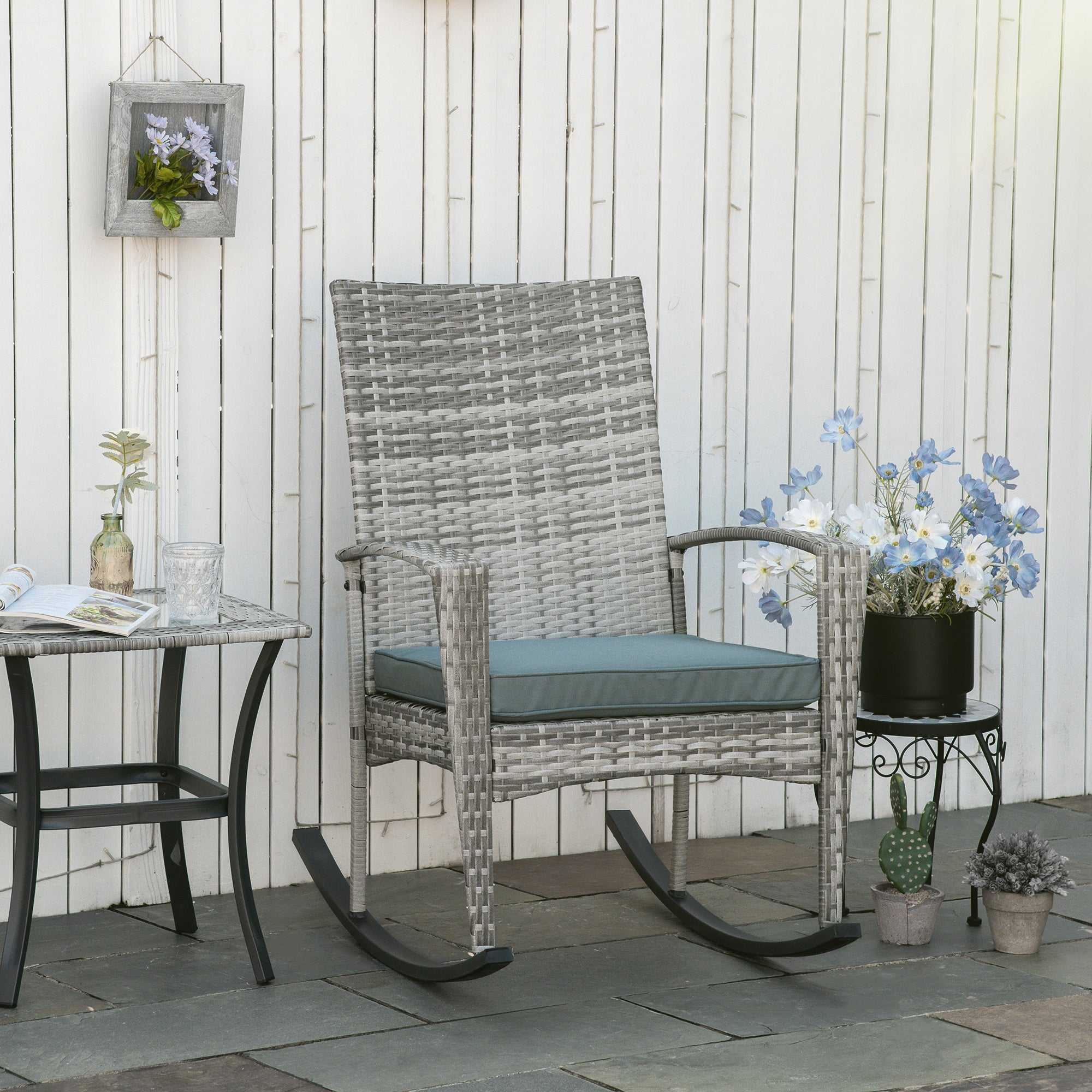 Outdoor PE Rattan Rocking Chair, Garden Glider Rocking Chair, Wicker Patio Chair Set with Armrest and Cushion, Grey Patio Chairs at Gallery Canada