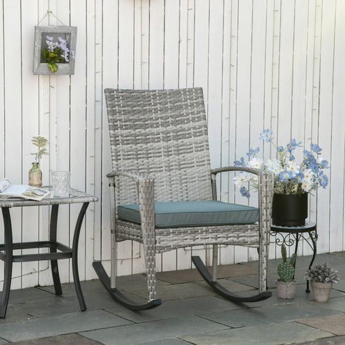Outdoor PE Rattan Rocking Chair, Garden Glider Rocking Chair, Wicker Patio Chair Set with Armrest and Cushion, Grey