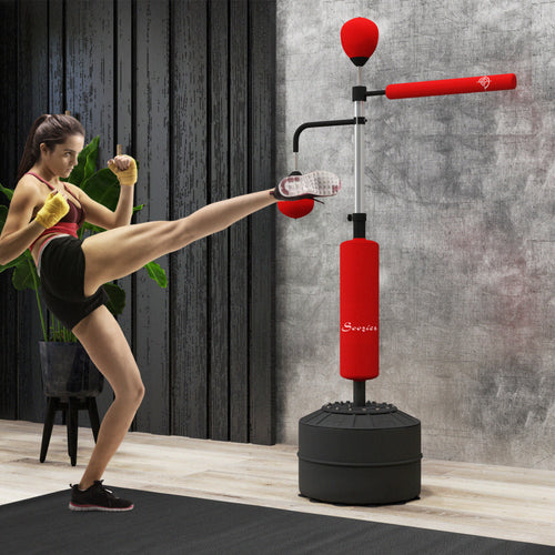 3-in-1 Free Standing Punching Bag, Height Adjustable Boxing Bag with 2 Speed Balls, 360° Reflex Bar, Red