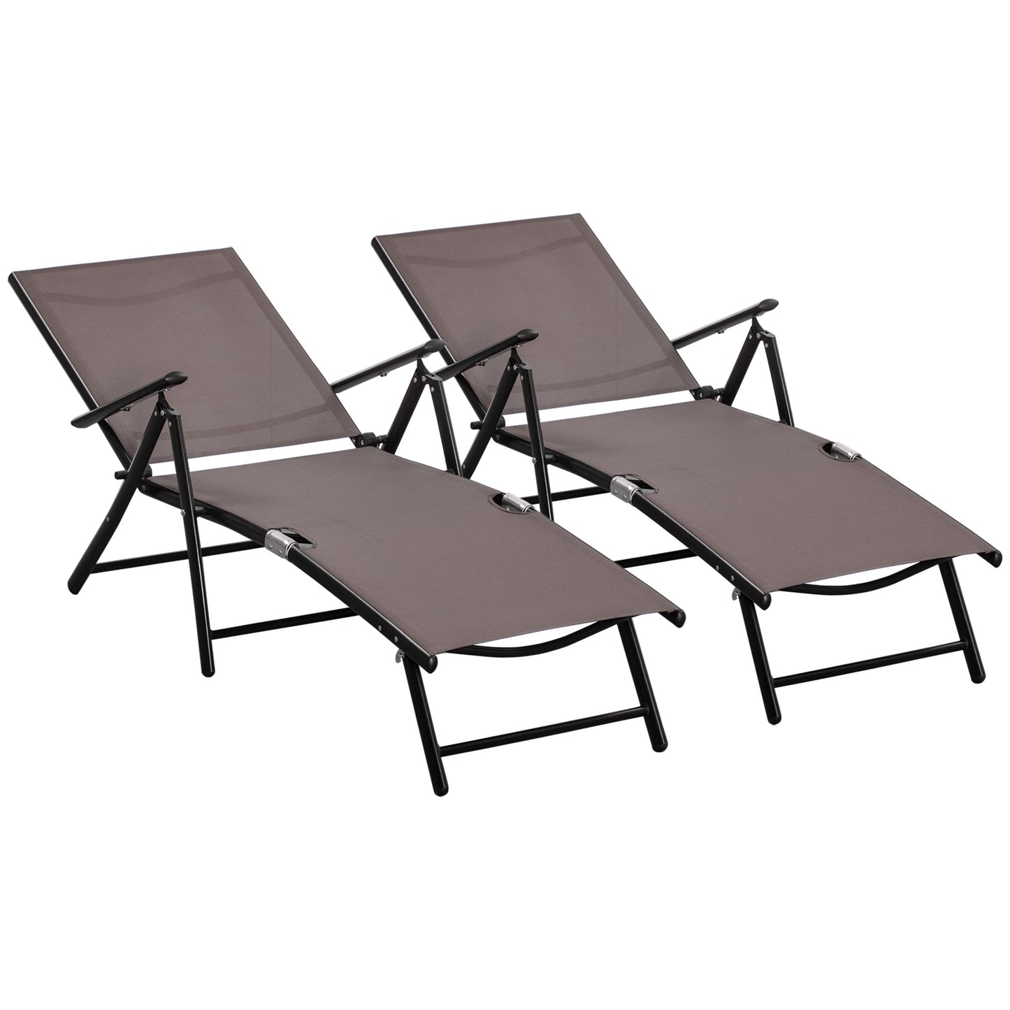 Outdoor Set of 2 Lounge Chair, Folding Reclining Garden Sun Lounger with Metal Frame, Adjustable Backrest for Patio, Deck, and Poolside, Brown Lounger Chairs   at Gallery Canada