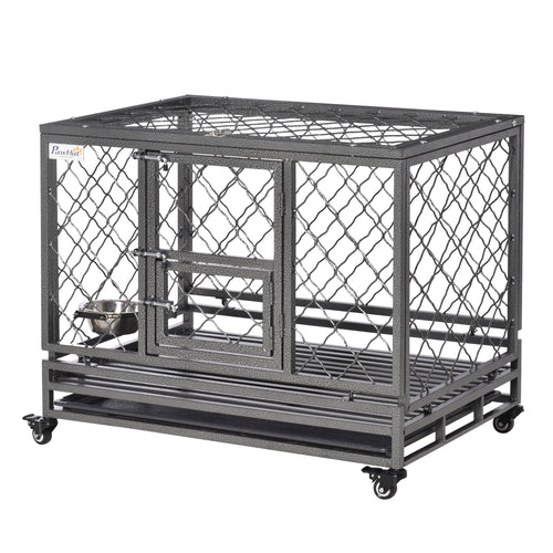 Heavy Duty Dog Crate w/ Wheels, Openable Top, Removable Tray, Bowl, for Large Dogs-Sized Dogs, 36.4