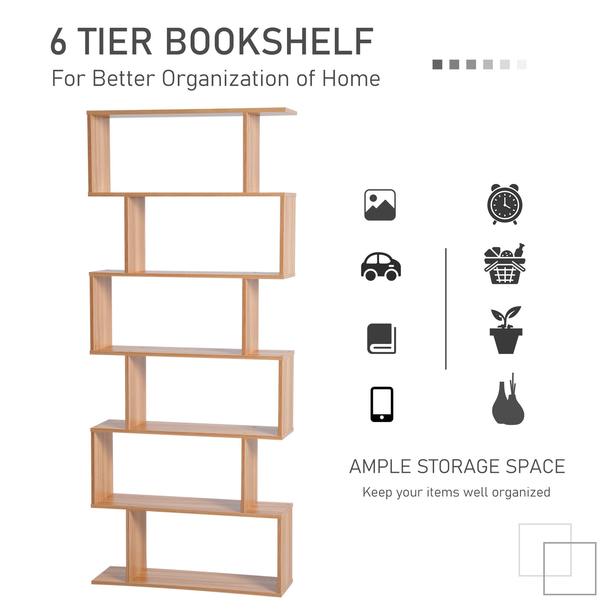 76" 6-Tier Wooden Bookcase S Shaped Storage Display Shelf Modern Bookshelf Open Concept Living Room Home Office Furniture, Maple Display Bookshelves   at Gallery Canada