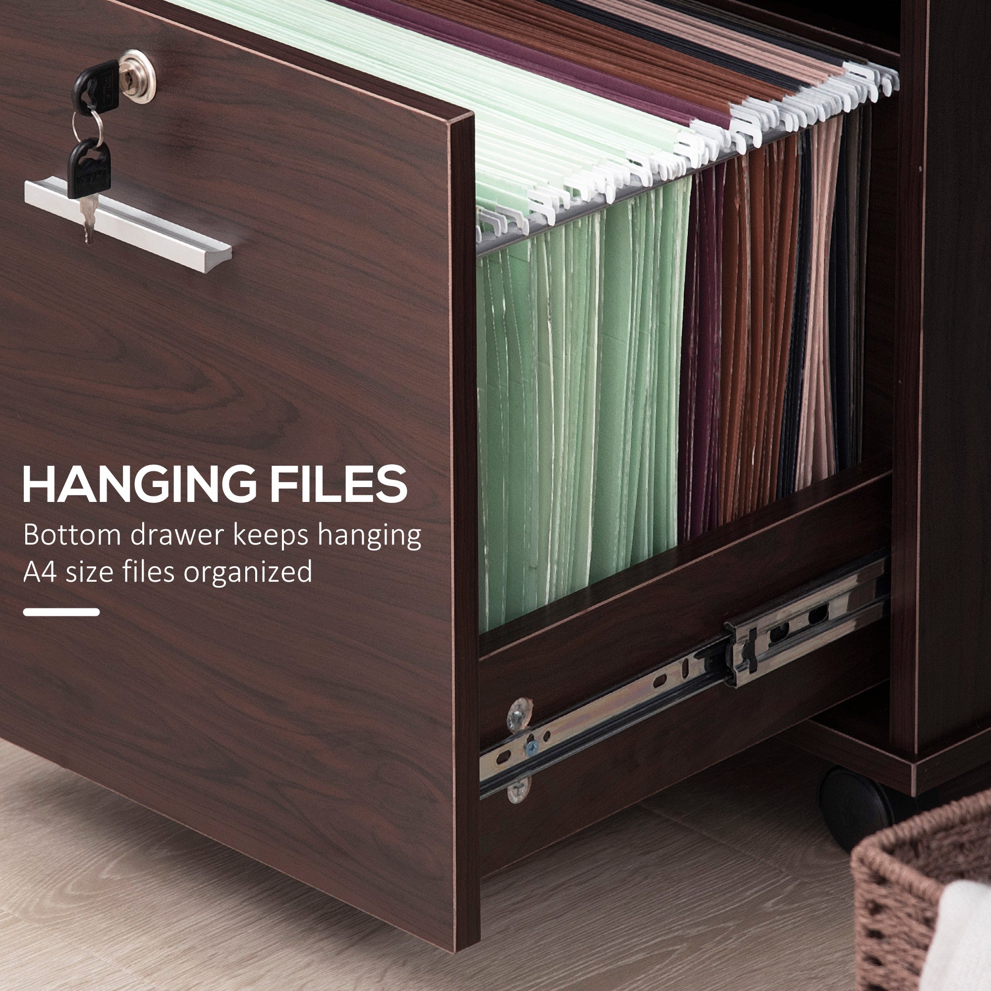 Lateral Filing Cabinet with Wheels, Locking File Cabinet, Mobile Printer Stand with Open Shelves and Drawers for A4 Size Documents, Walnut Office Cabinets & Cupboards at Gallery Canada