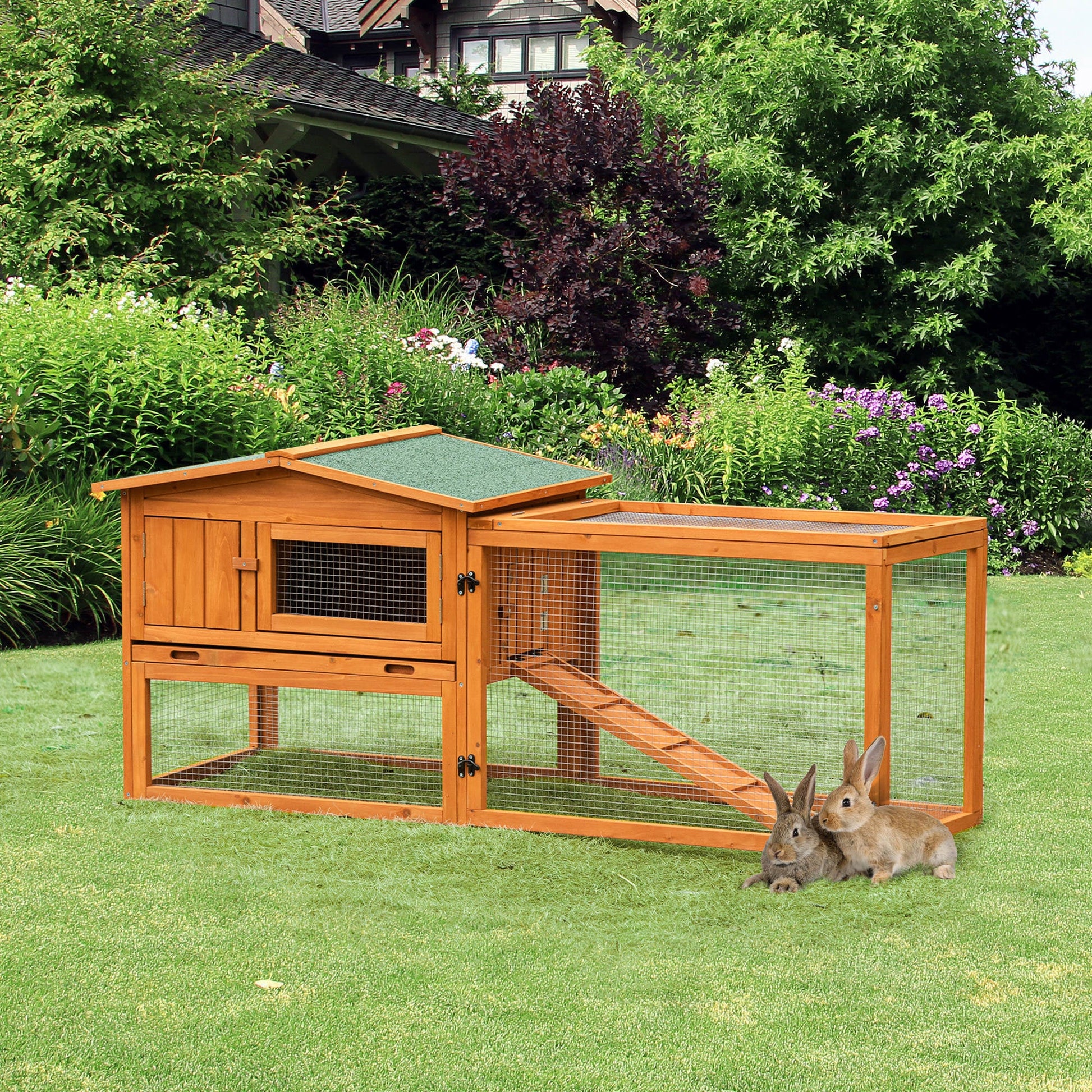 Wooden Rabbit Hutch Guinea Pig House with Removable Tray, Openable Roof, Trough, Run for Tortoises and Ferrets, Orange Rabbit Hutch   at Gallery Canada