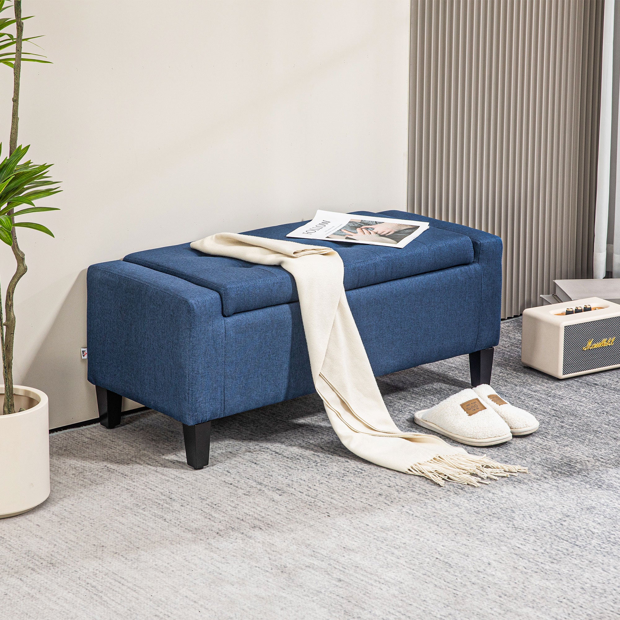 Storage Ottoman Bench, Linen Upholstered Bench with Tufted Design, Dark Blue Storage Ottomans & Benches at Gallery Canada