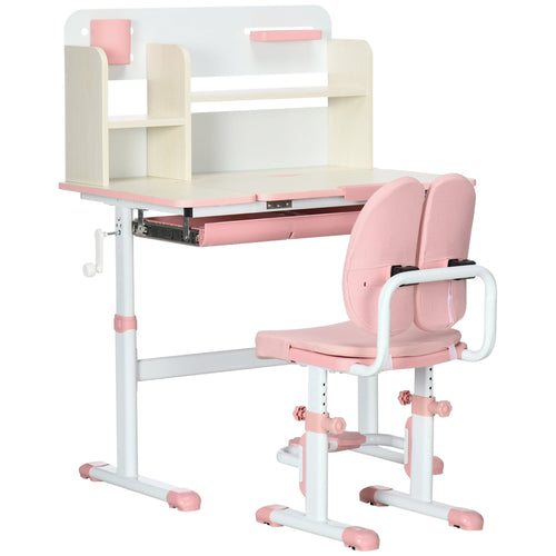 Kids Desk and Chair Set, Height Adjustable Student Writing Desk &; Chair with Adaptive Seat Back, Footrests, Bookshelf, Drawer, Pen Holder, Pink