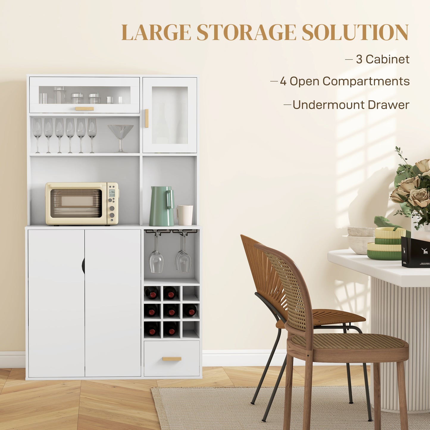 Coffee Bar Cabinet, Kitchen Hutch with Wine Storage, Microwave Countertop, Drawer and Tempered Glass Doors, White Wine Racks   at Gallery Canada