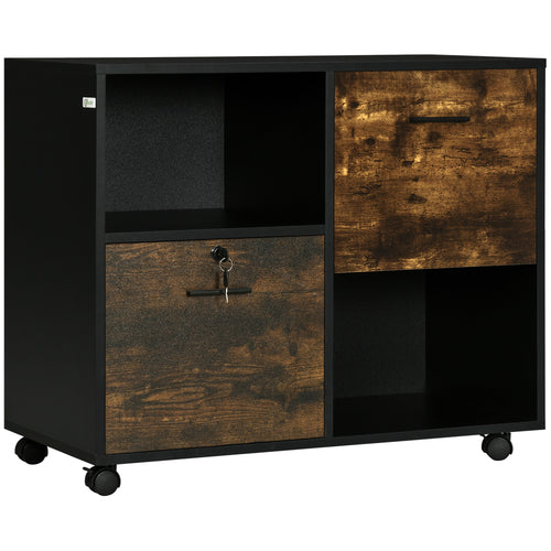 Lateral Filing Cabinet with Drawers and Lock, File Cabinet, Mobile Printer Stand with Open Shelves and Wheels for Letter and A4 Size Documents, Rustic Brown