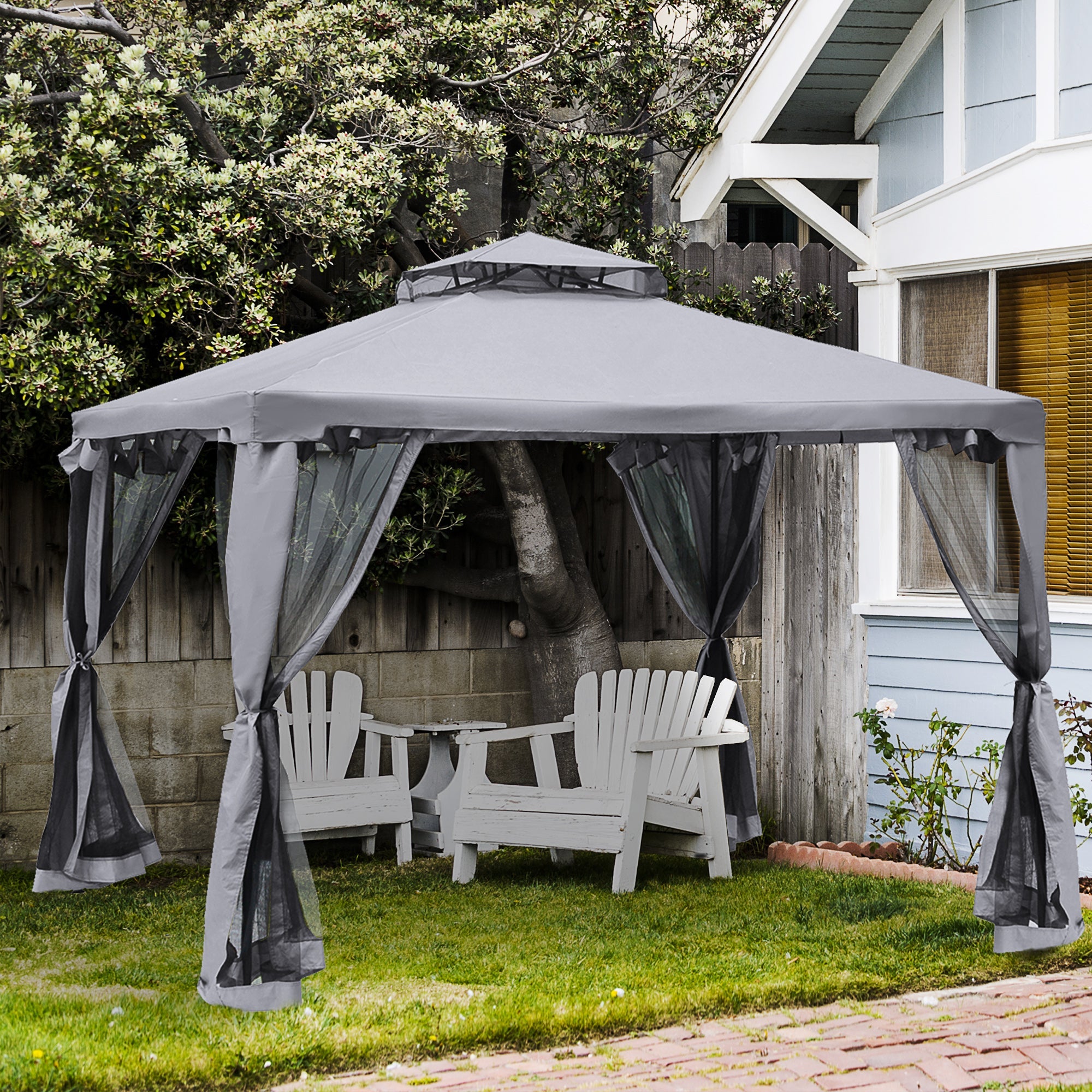 9.6' x 9.6' Patio Gazebo Outdoor Pavilion 2 Tire Roof Canopy Shelter Garden Event Party Tent Yard Sun Shade Steel Frame w/ Mosquito Netting Grey Gazebos   at Gallery Canada