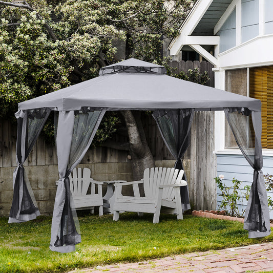 9.6' x 9.6' Patio Gazebo Outdoor Pavilion 2 Tire Roof Canopy Shelter Garden Event Party Tent Yard Sun Shade Steel Frame w/ Mosquito Netting Grey - Gallery Canada