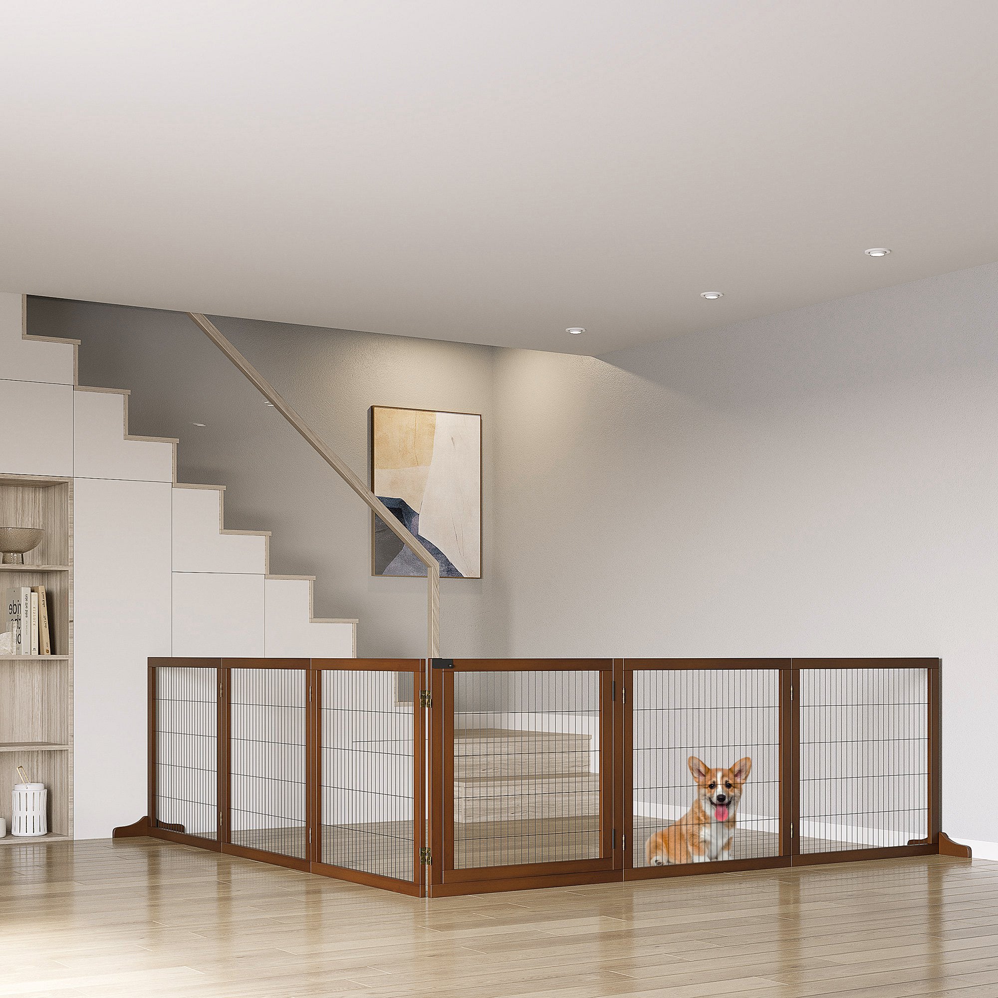 Wooden Pet Gate, Dog Safety Barrier, Freestanding Foldable Fence, w/ 6 Panels, 2 Support Feet, for House Doorway Stairs, Small &; Medium Dogs, Coffee Houses, Kennels & Pens at Gallery Canada