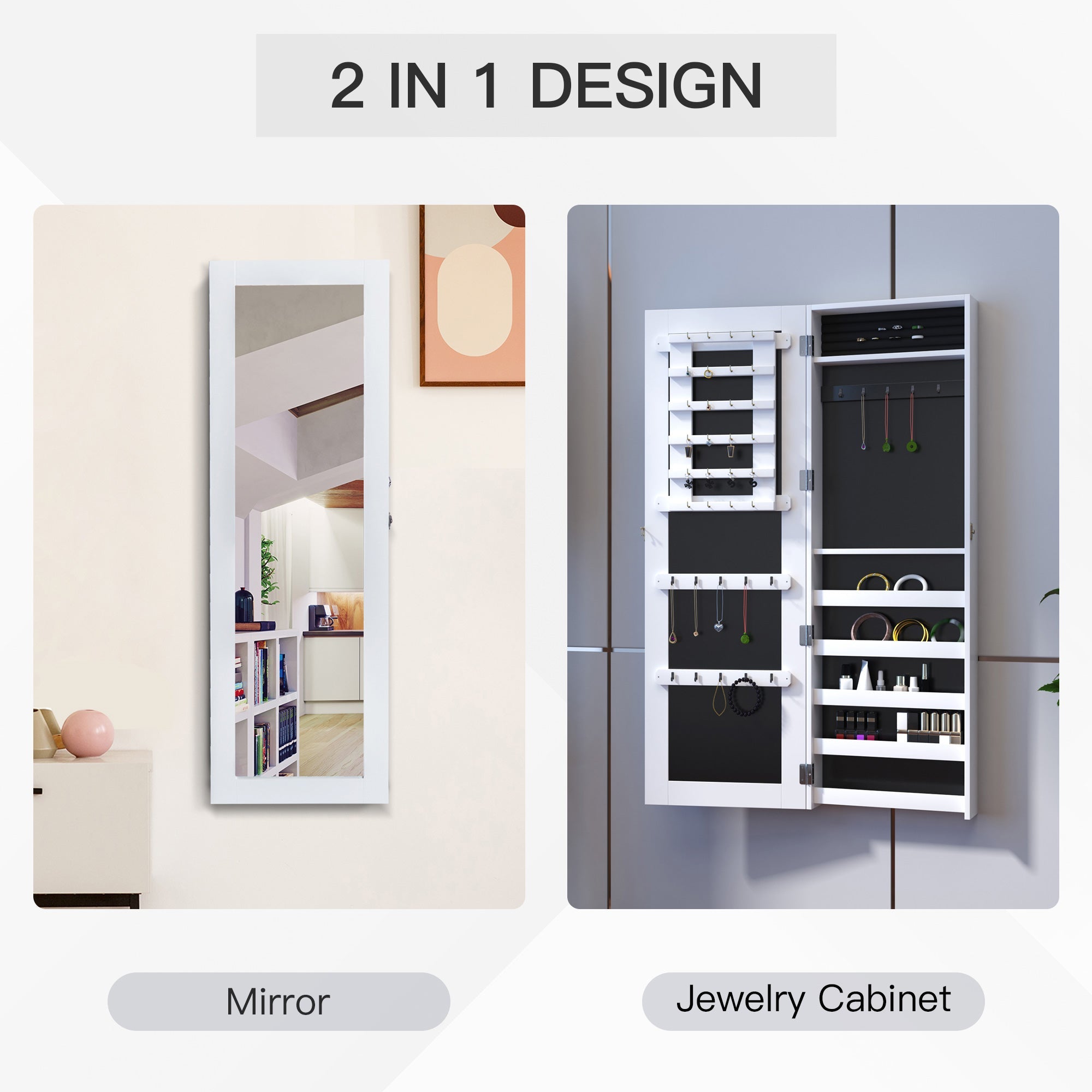 White Mirrored Jewelry Cabinet Hanging Wall Mount Real Glass Mirror Locked, White Jewelry Armoire & Jewellery Mirror Cabinets   at Gallery Canada