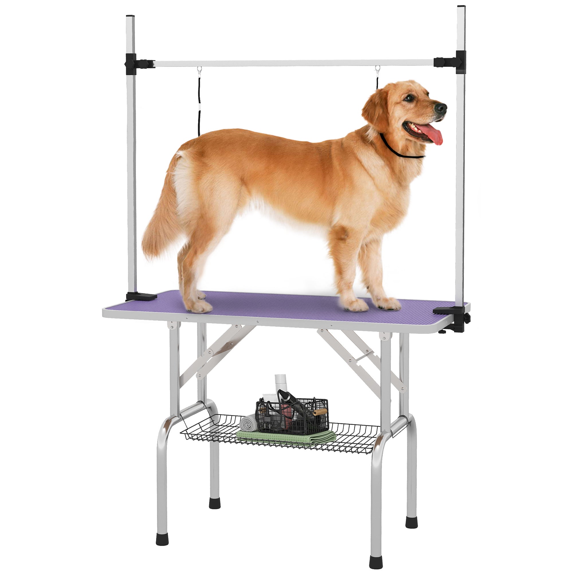Adjustable Dog Grooming Table with 2 Safety Slings, Storage Basket, Purple Dog Grooming Tables at Gallery Canada