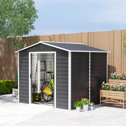 8' x 7' Outdoor Storage Shed, Galvanized Steel Metal Garden Shed w/ Sliding Lockable Doors, Floor Frame, Vents, Waterproof Tool Shed for Backyard, Lawn, Patio, Dark Grey Sheds at Gallery Canada