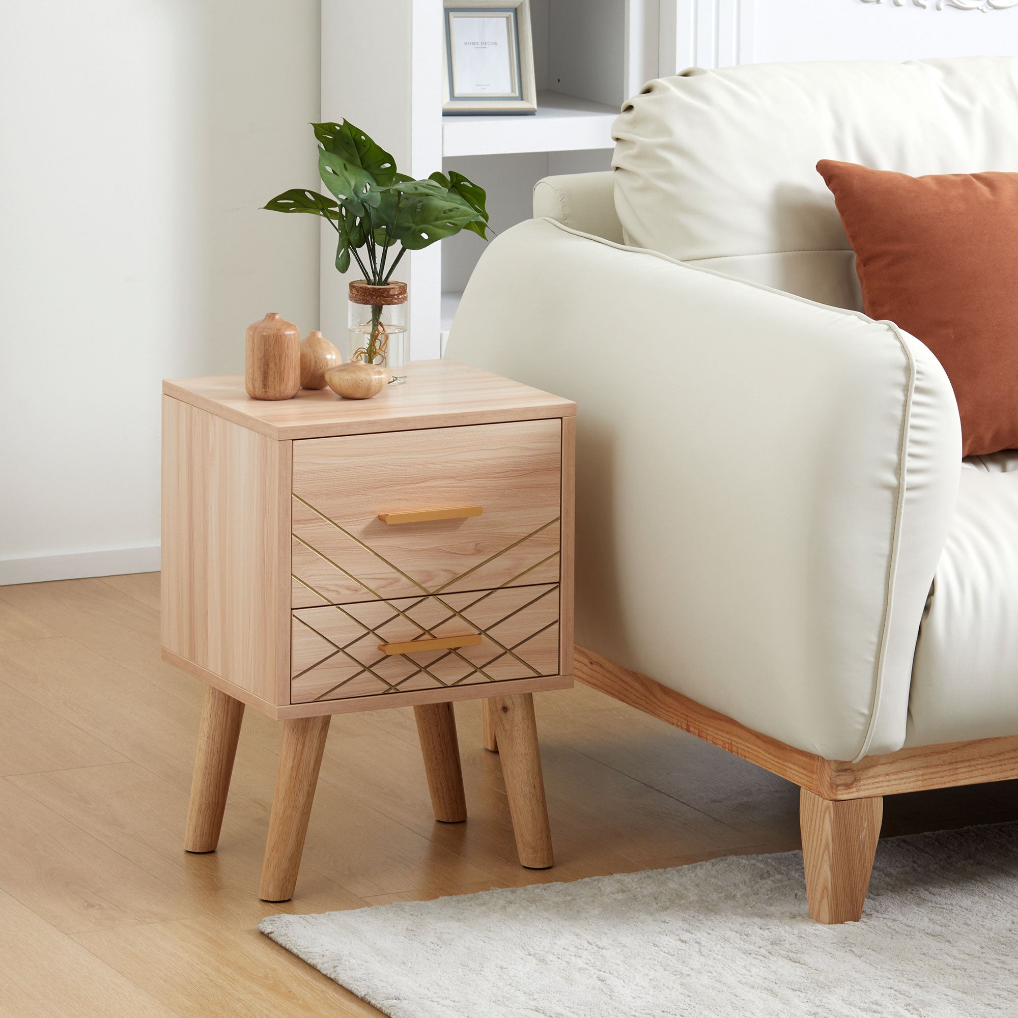 Scandinavian Bedside Table, Side End Table with 2 Drawers and Wood Legs, 13.8