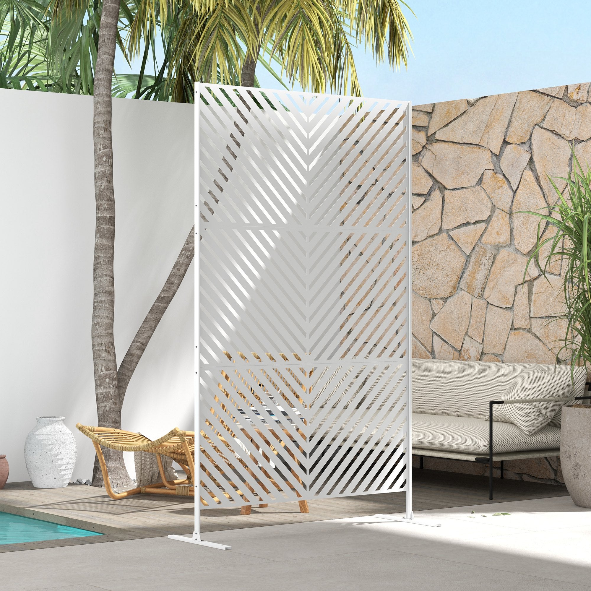 6.5FT Decorative Outdoor Divider, Metal Privacy Screen with Stand, Triangle Style, White Side Awnings at Gallery Canada