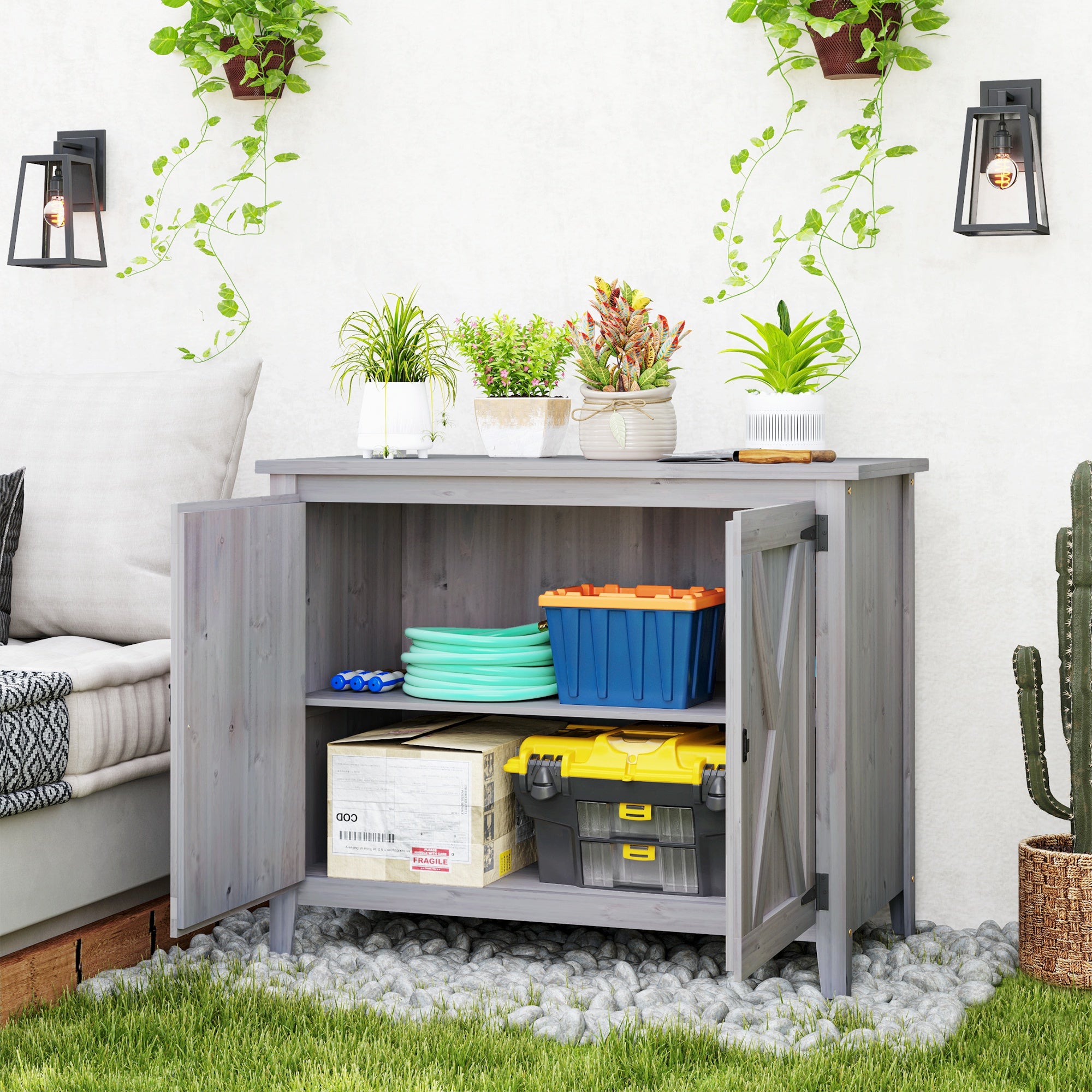 Wooden Outdoor Storage Cabinet, Garden Shed Potting Shed with Shelf and Double Doors, Light Grey Sheds at Gallery Canada