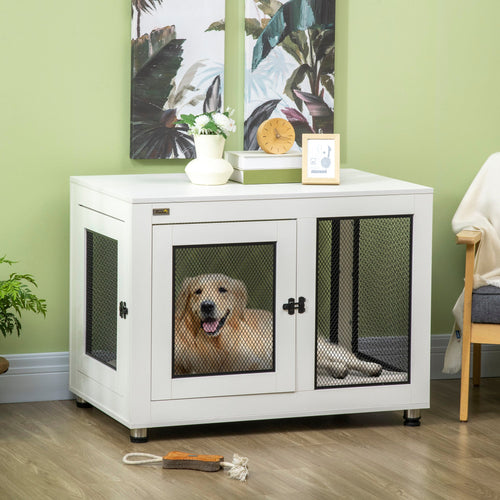 Pet Crate End Table with Water-resistant Cushion or Medium Small Dogs, White