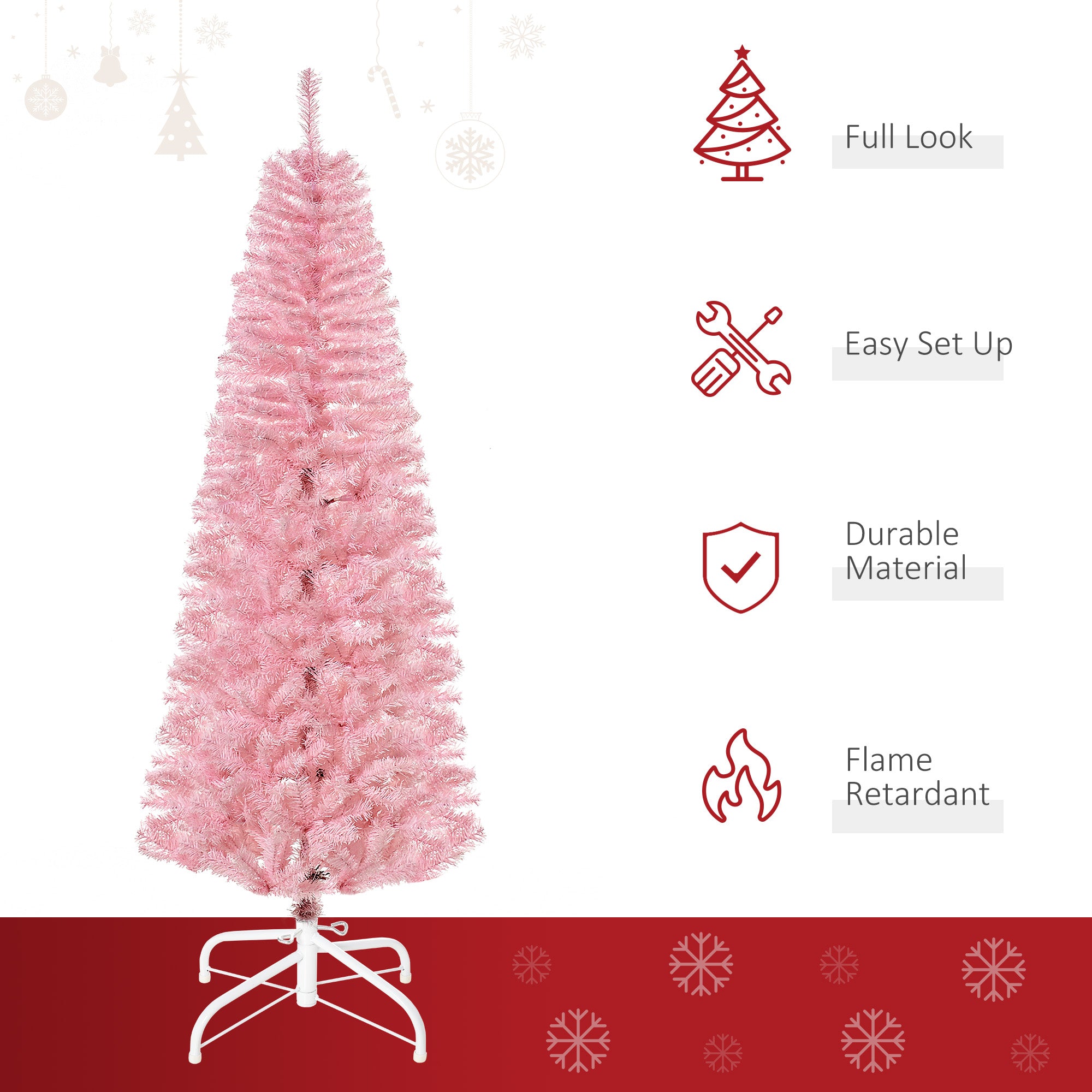 6FT Pop-up Artificial Christmas Tree Holiday Xmas Holiday Pencil Tree Decoration with Automatic Open for Home Party, Pink Artificial Christmas Trees   at Gallery Canada