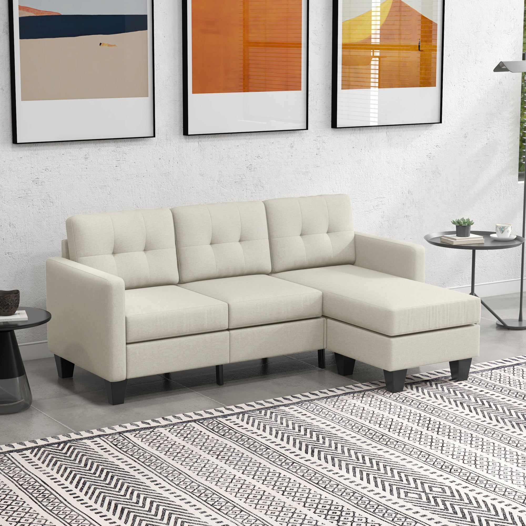 L-shaped Sofa, 3 Seater Sectional Couch with Ottoman, Corner Sofa with Thick Padded Cushion and Wood Legs, Beige 3-Seater Sofas Beige  at Gallery Canada