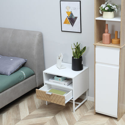 Modern Bedside Table with Drawer, Nightstand with Storage Shelf, Sofa End Table for Bedroom, White and Oak Bedside Tables at Gallery Canada