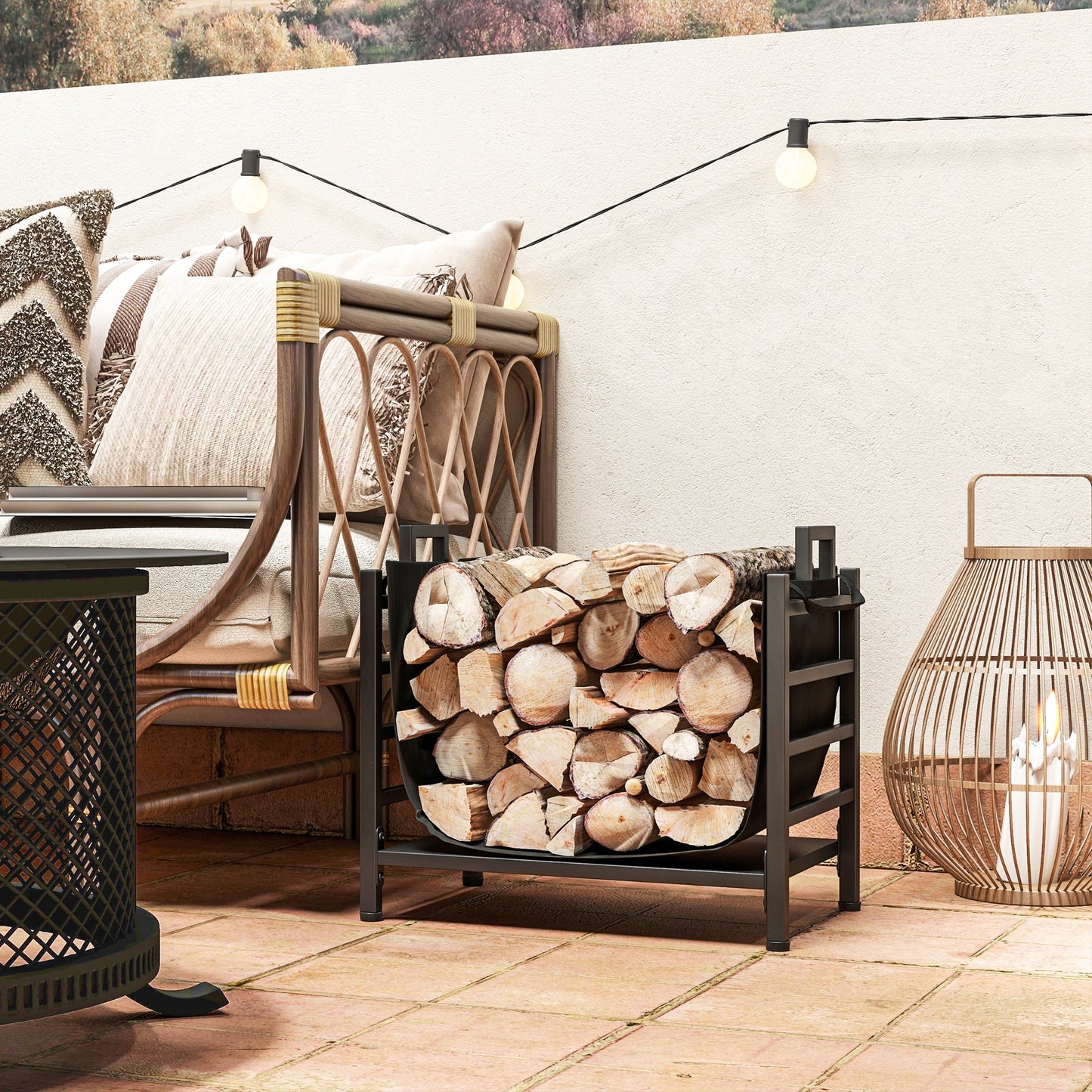 Outdoor Firewood Rack with Log Carrier, Heavy Duty Steel Wood Log Storage Stacker for Fireplace, Black Firewood Racks Black  at Gallery Canada