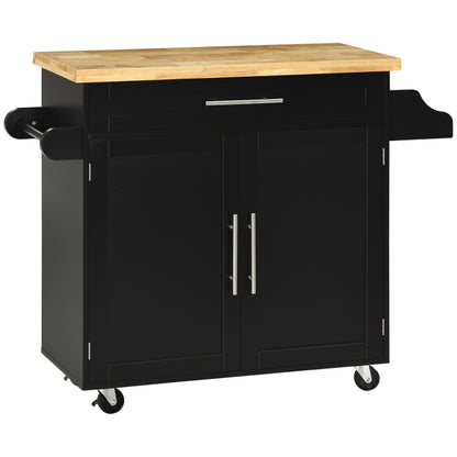 Kitchen Island with Storage, Rolling Cart Trolley with Rubberwood Top, Adjustable Shelf, Drawer, Spice Rack, Black Kitchen Islands & Kitchen Carts   at Gallery Canada