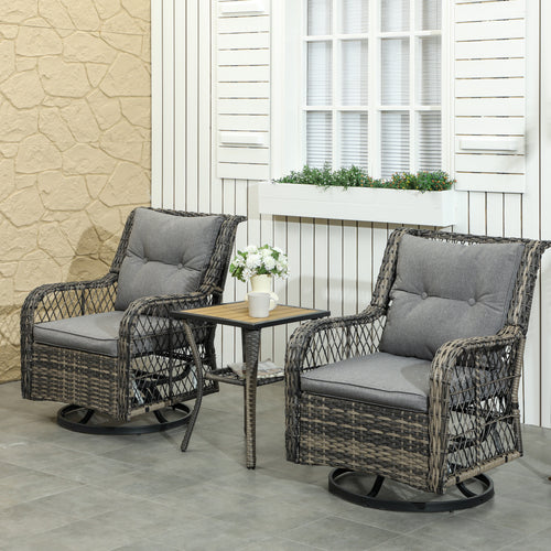 3 Piece Outdoor Bistro Set, Wicker Patio Furniture Set with Swivel Glider Chairs for Balcony, Porch, Grey