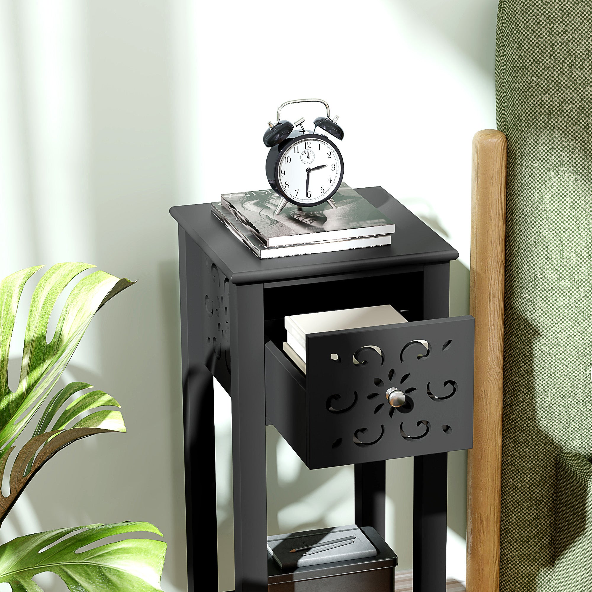 Nightstand Set of 2 with Drawer and Open Storage Shelf Black Side Tables at Gallery Canada