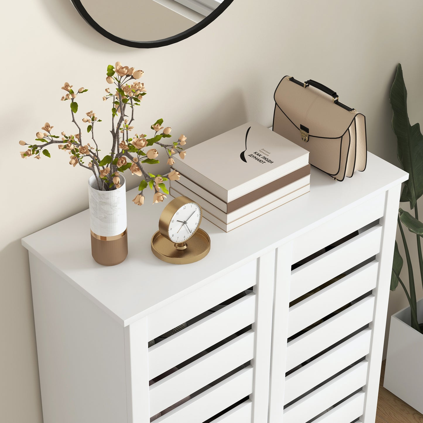 Shoe Storage Cabinet, Shoe Cabinet with 2 Slatted Doors for 15 Pairs of Shoes, White Shoe Storage Cabinets & Racks   at Gallery Canada