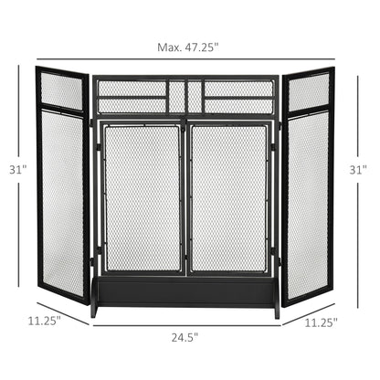 3-Panel Steel Mesh Fireplace Screen, Decorative Fire Spark Guard Cover with Double Doors, 47x31in, Black Fireplace Screens   at Gallery Canada