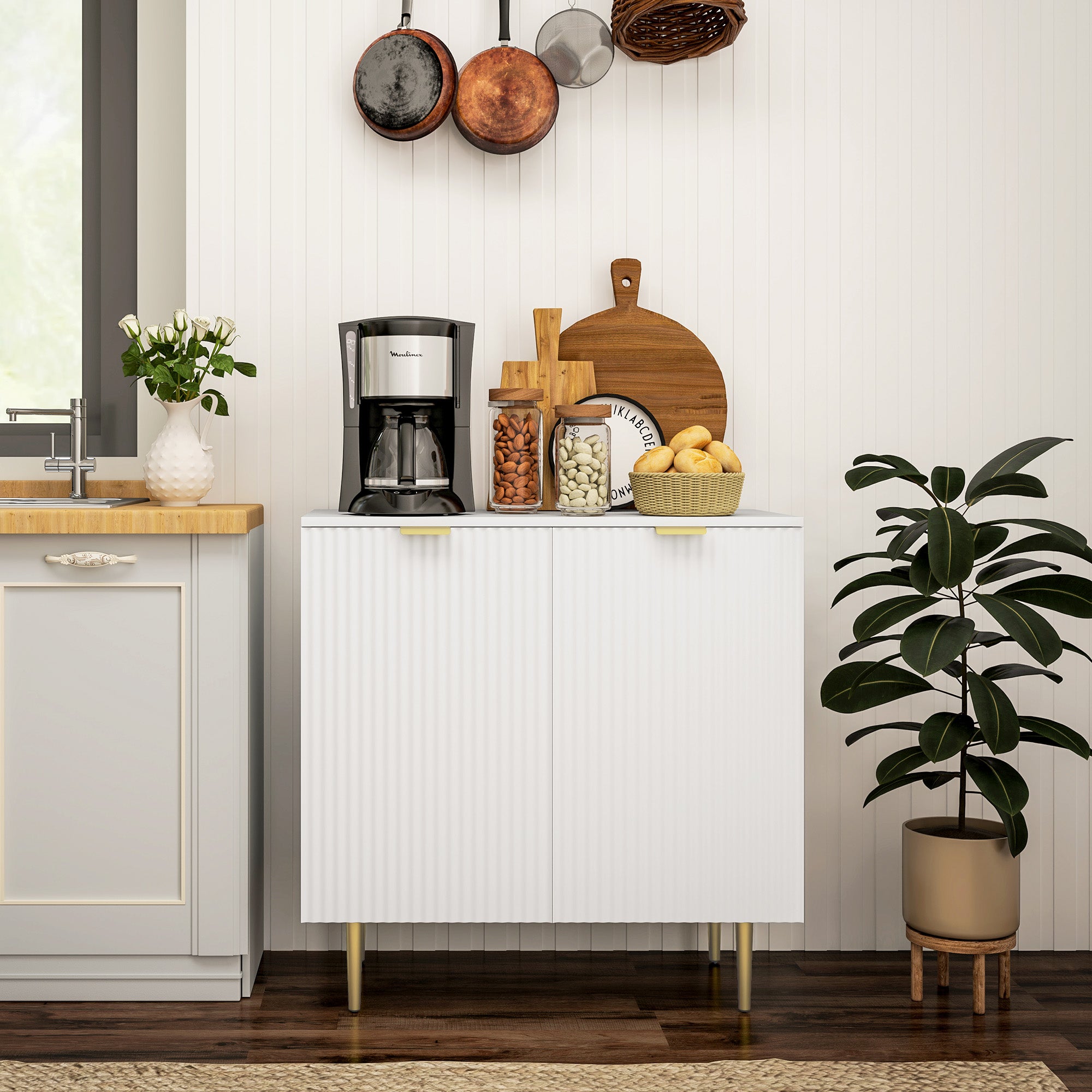 Modern Kitchen Storage Cabinet, Sideboard Buffet Cabinet with Adjustable Shelves and Metal Legs for Kitchen, White Bar Cabinets at Gallery Canada