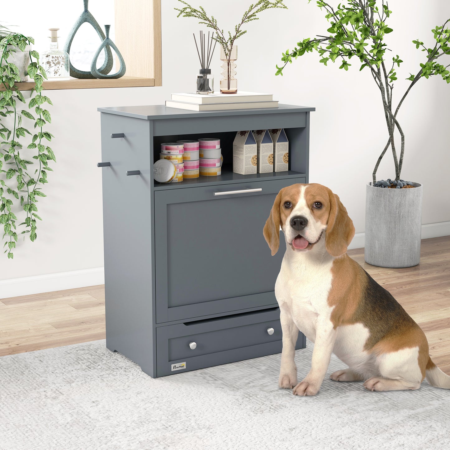 Pet Feeder Station Storage Cabinet, Dog Food Storage Container with Dog Raised Bowls, Watering Supplies, Grey Dog Bowls   at Gallery Canada