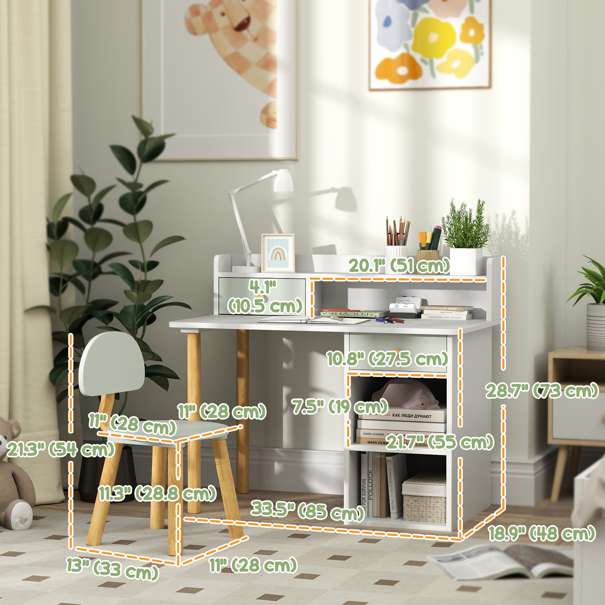 Kids Study Table and Chair Set, Kids Desk and Chair Set w/ Storage and Shelves, for 3-8 Year Old, Green Kids Desk Sets at Gallery Canada