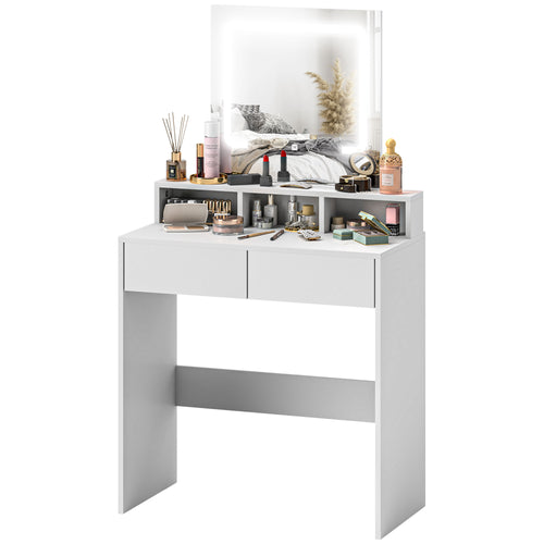 Makeup Vanity Desk with Mirror and LED Lights, for Bedroom, Modern Dressing Table with Drawers, Compartments, White