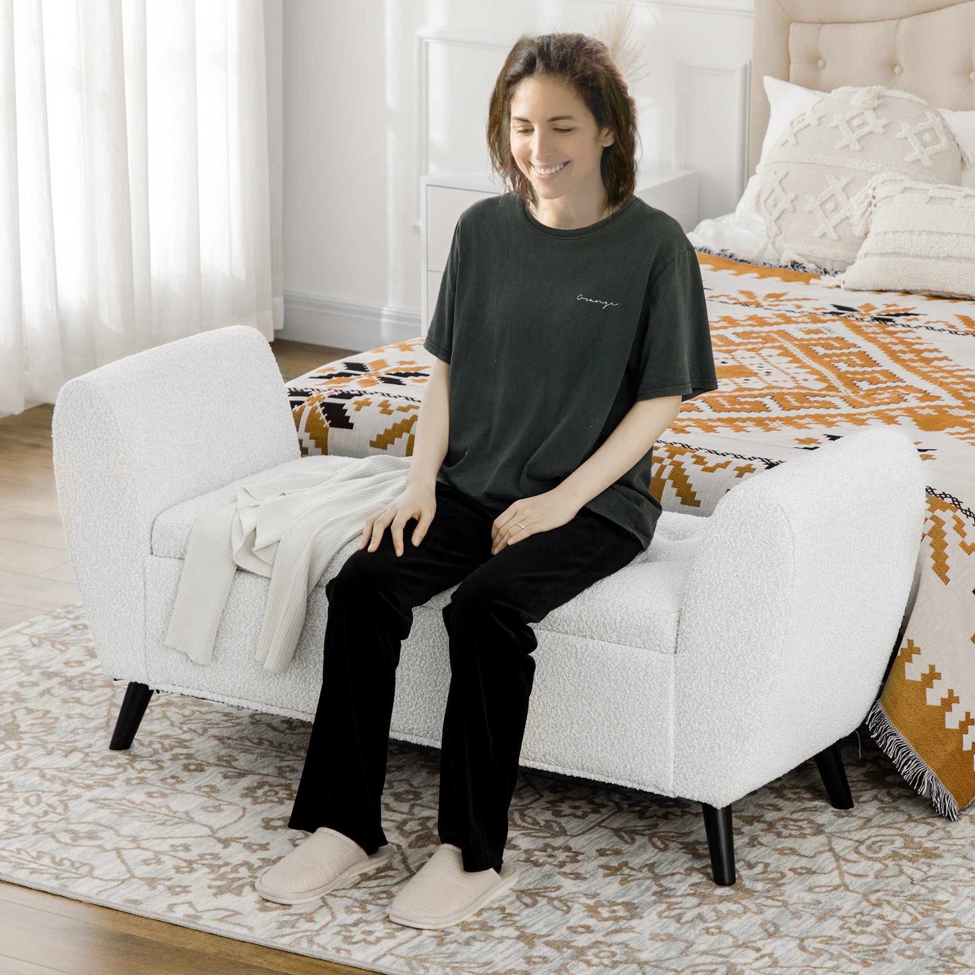 Upholstered Storage Bench with Arms, Modern Ottoman Bench for Bedroom, Entryway, and Living Room, Light Grey Storage Ottomans & Benches at Gallery Canada