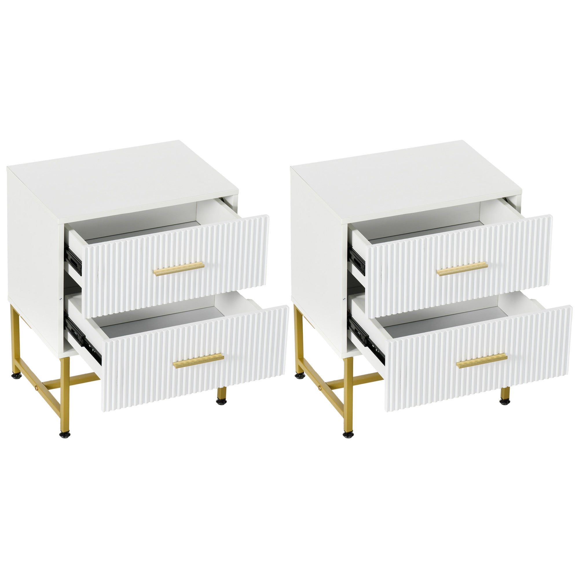 2 Pieces Nightstands with Storage, Modern Bedside Tables with 2 Fluted Drawers and Gold Legs for Bedroom, White Bedside Tables   at Gallery Canada