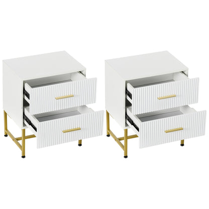 2 Pieces Nightstands with Storage, Modern Bedside Tables with 2 Fluted Drawers and Gold Legs for Bedroom, White Bedside Tables   at Gallery Canada