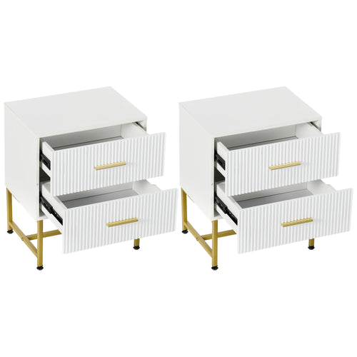 2 Pieces Nightstands with Storage, Modern Bedside Tables with 2 Fluted Drawers and Gold Legs for Bedroom, White