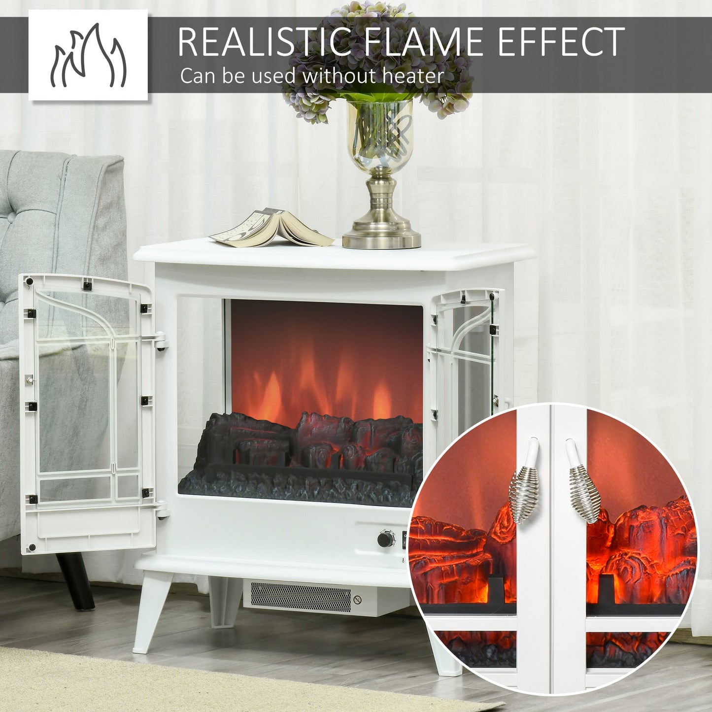 Electric Fireplace Stove, Freestanding Indoor Heater with Realistic Flame Effect, Adjustable Temperature and Overheat Protection, White Electric Fireplaces   at Gallery Canada