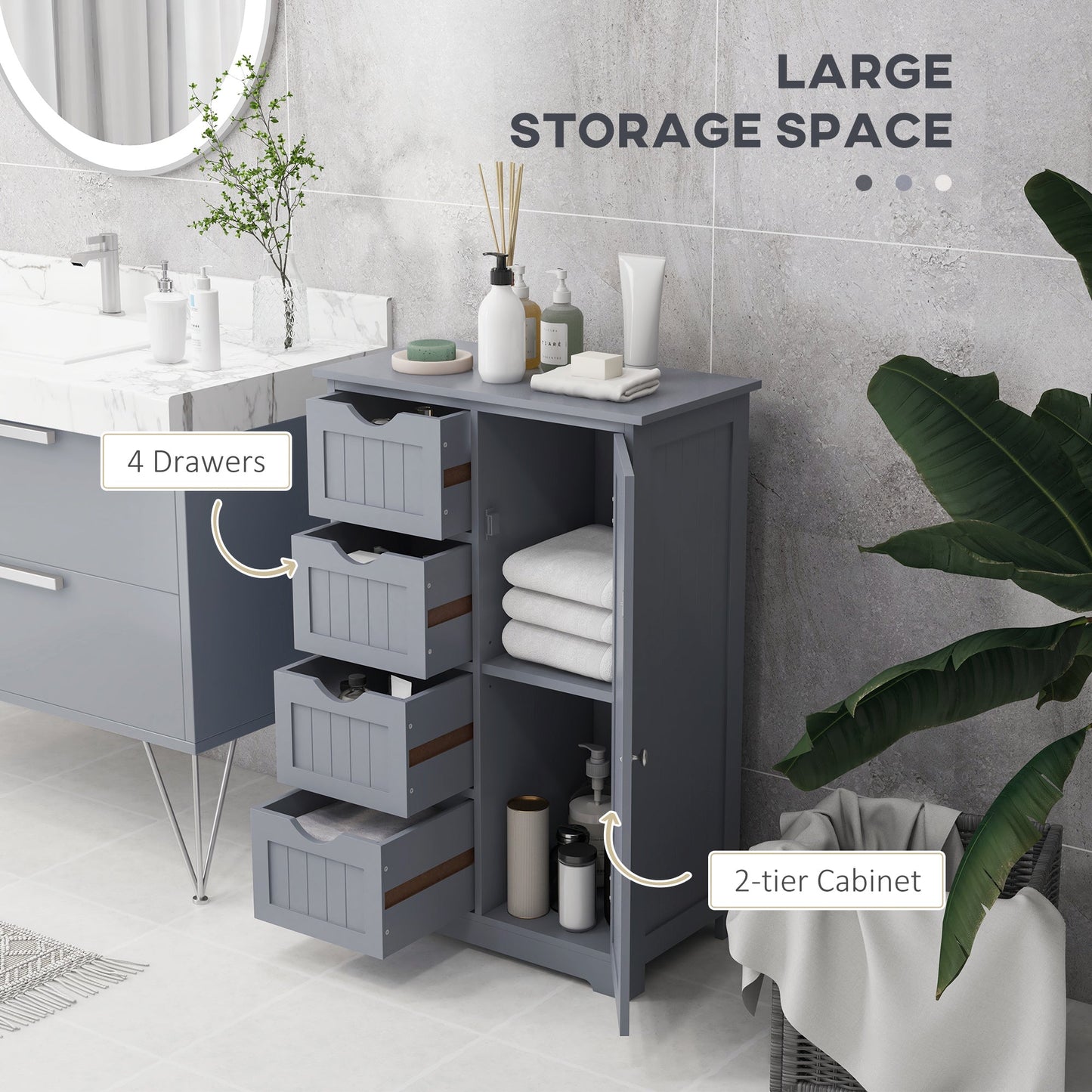 Bathroom Storage Cabinet, Floor Cabinet with Adjustable Shelf and 4 Drawers, Side Cabinet for Washroom, Grey Bathroom Cabinets   at Gallery Canada