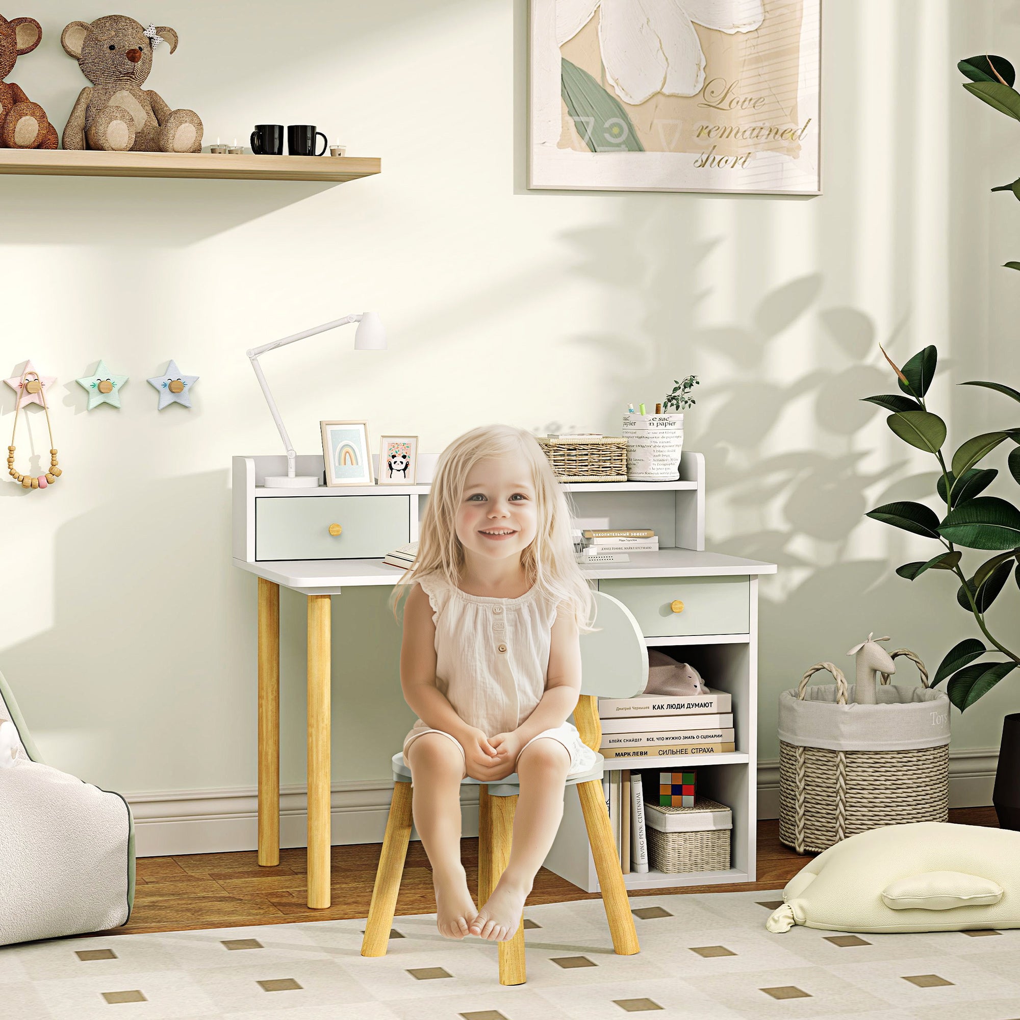 Kids Study Table and Chair Set, Kids Desk and Chair Set w/ Storage and Shelves, for 3-8 Year Old, Green Kids Desk Sets Green  at Gallery Canada