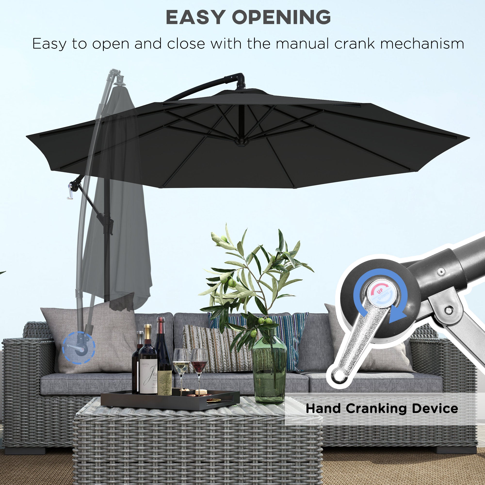 9.7ft Offset Patio Umbrella Garden Hanging Parasol Banana Cantilever Umbrella with Base, Crank, Black Offset Cantilever Umbrellas at Gallery Canada