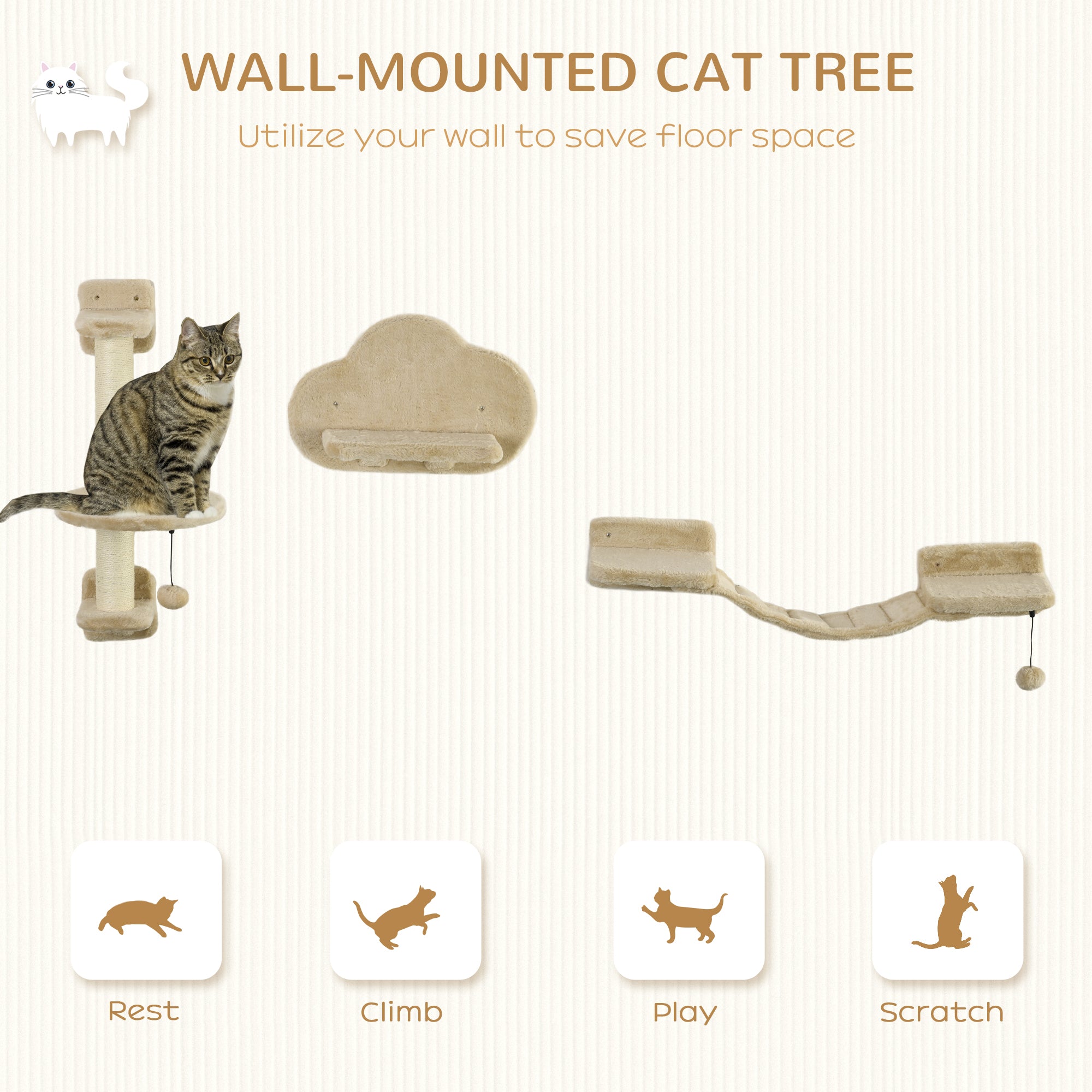 3 PCs Cat Wall Climber with Scratching Post, Ladder, Perches, Cloud-Shaped Cat Shelves, Beige Cat Climbing Wall at Gallery Canada