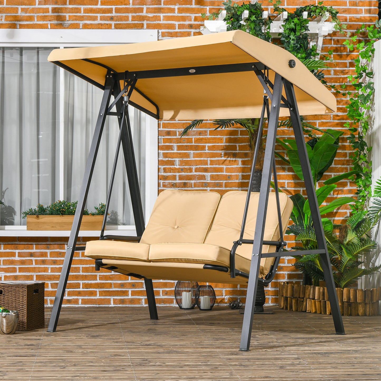 2-Seater Outdoor Porch Swing with Adjustable Canopy, Patio Swing Chair for Garden, Poolside, Backyard, Beige Patio Swings with Stand Beige at Gallery Canada