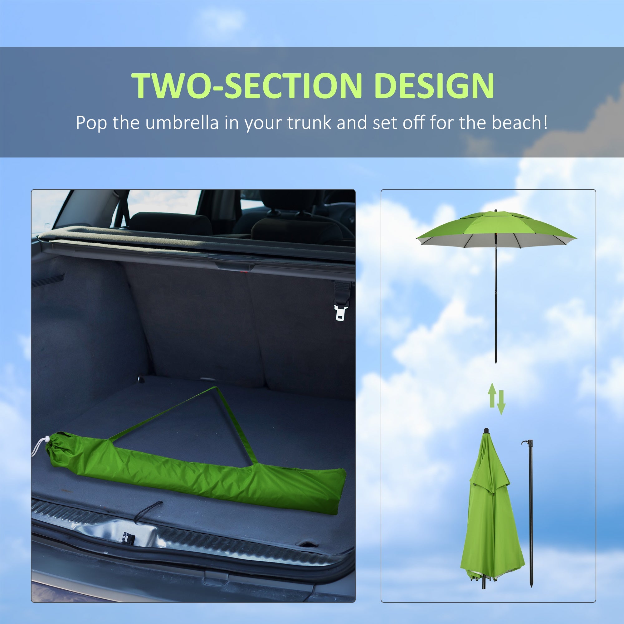 6.6ft Arced Beach Umbrella Angle Adjustable Patio Umbrella w/ Steel Frame, Carry Bag, UV30+ Outdoor Umbrella, Green Beach Umbrellas   at Gallery Canada