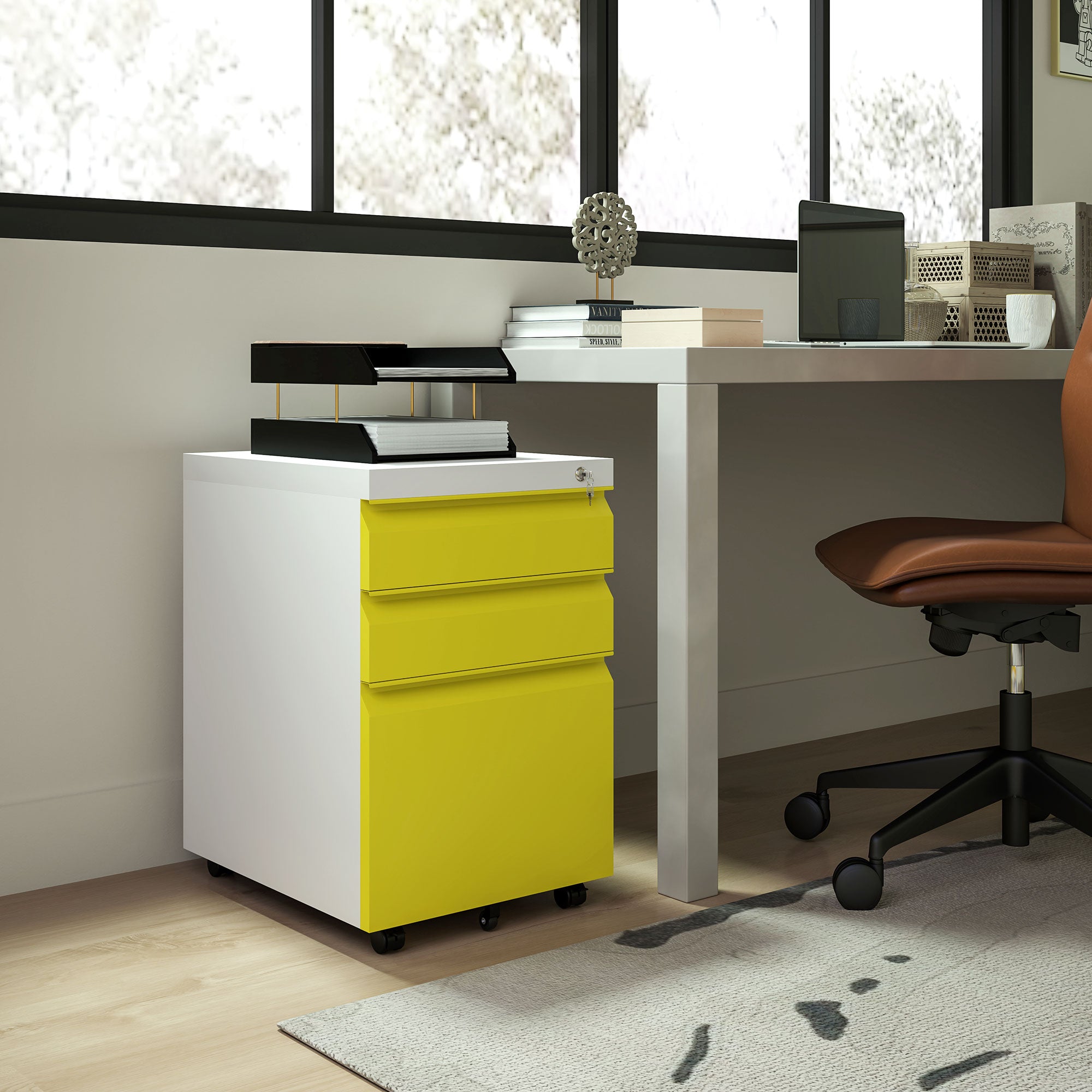3 Drawer Filing Cabinet, Lockable Office Storage Cabinet on Wheels for Legal, Letter, A4 Files, Yellow Office Cabinets & Cupboards at Gallery Canada