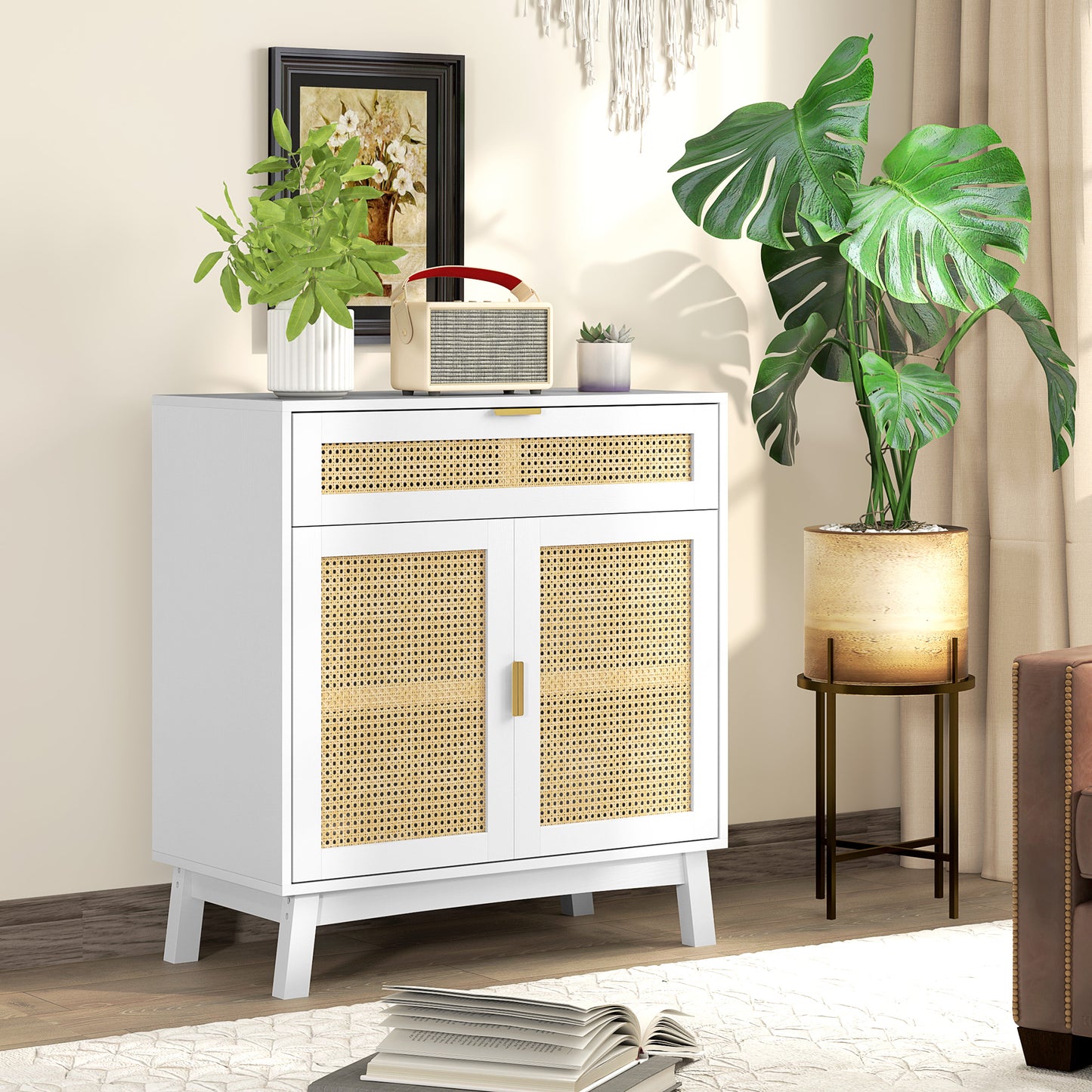 Boho Sideboard Storage Cabinet with Rattan Doors, White Storage Cabinets White at Gallery Canada