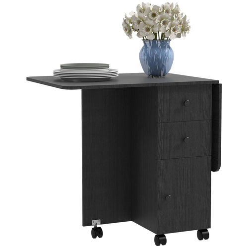 Drop Leaf Dining Table, Mobile Folding Table on Wheels with Drawers and Cabinet for Dining Room, Kitchen, Black